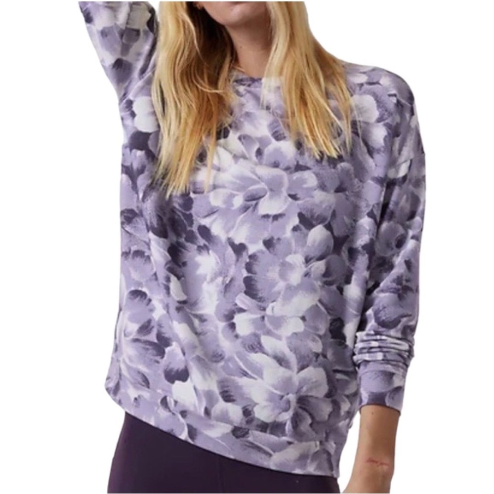 Athleta Balance Printed Pullover Purple Floral Sweatshirt Layer Casual Sz Large
